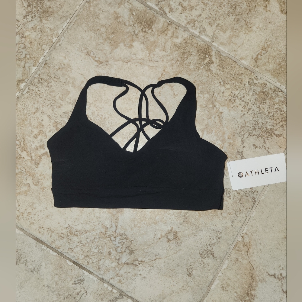 Athleta Black Geometric Strappy Sports Bra